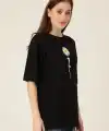 Kadın Papatya Baskılı T-Shirt Kısa Kol Bisiklet Yaka Oversize  Tişört - Siyah