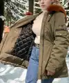 Kadın Premium Doğal Kürk Su Geçirmez Kapüşonlu Mont - Haki