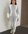 Kadın Premium Parçalı Eşofman Alt-Üst Takım - Dik Yaka Fermuarlı Sweatshirt - Gri