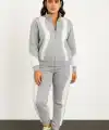 Kadın Premium Parçalı Eşofman Alt-Üst Takım - Dik Yaka Fermuarlı Sweatshirt - Gri