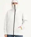 Kadın Samuray Ninja Çift Kapüşonlu Maske Detaylı Fermuarlı Kanguru Cepli Hoodie - Beyaz