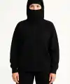 Kadın Samuray Ninja Çift Kapüşonlu Maske Detaylı Fermuarlı Kanguru Cepli Hoodie - Siyah