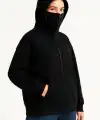 Kadın Samuray Ninja Çift Kapüşonlu Maske Detaylı Fermuarlı Kanguru Cepli Hoodie - Siyah