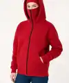 Kadın Samuray Ninja Çift Kapüşonlu Maske Detaylı Fermuarlı Kanguru Cepli Hoodie - Kırmızı