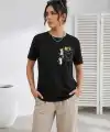 Kadın Sevimli Kedi Cep Baskılı Tişört Kısa Kol Yazlık T-Shirt - Siyah