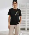 Kadın Sevimli Kedi Cep Baskılı Tişört Kısa Kol Yazlık T-Shirt - Siyah