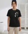 Kadın Sevimli Kedi Cep Baskılı Tişört Kısa Kol Yazlık T-Shirt - Siyah