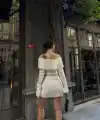 Kadın Straplez , Madonna , Carmen Yaka Croplu Mini Etekli ikili Alt-Üst Takım Triko - Beyaz