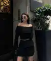 Kadın Straplez , Madonna , Carmen Yaka Croplu Mini Etekli ikili Alt-Üst Takım Triko - Siyah