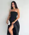 Kadın Straplez Pileli Elbise - Siyah