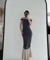 Kadın Striptiz Omuzlu Uzun Elbise- Füme