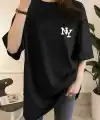 Kadın T-shirt Bisiklet yaka  NY Baskılı kısa kol Tişört - Siyah