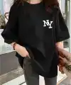 Kadın T-shirt Bisiklet yaka  NY Baskılı kısa kol Tişört - Siyah