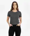 Kadın T-Shirt Bisiklet Yaka Slim Fit Likralı Tişört Yazlık Basic Body - Füme