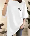 Kadın T-shirt Eğlenceli Harf NY Baskılı Bisiklet Yaka Tişört - Beyaz