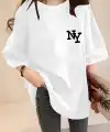 Kadın T-shirt Eğlenceli Harf NY Baskılı Bisiklet Yaka Tişört - Beyaz
