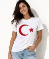 Kadın T-Shirt Kısa Kol Bisiklet Yaka Ay Yıldız Bayrak Baskılı Tişört - Beyaz