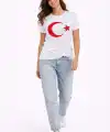 Kadın T-Shirt Kısa Kol Bisiklet Yaka Ay Yıldız Bayrak Baskılı Tişört - Beyaz