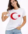 Kadın T-Shirt Kısa Kol Bisiklet Yaka Ay Yıldız Bayrak Baskılı Tişört - Beyaz
