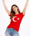 Kadın T-Shirt Kısa Kol Bisiklet Yaka Ay Yıldız Bayrak Baskılı Tişört - Kırmızı