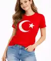 Kadın T-Shirt Kısa Kol Bisiklet Yaka Ay Yıldız Bayrak Baskılı Tişört - Kırmızı