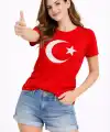 Kadın T-Shirt Kısa Kol Bisiklet Yaka Ay Yıldız Bayrak Baskılı Tişört - Kırmızı