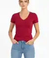 Kadın T-Shirt V Yaka Slim Fit Likralı Tişört Yazlık Basic Body - Kırmızı