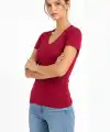 Kadın T-Shirt V Yaka Slim Fit Likralı Tişört Yazlık Basic Body - Kırmızı