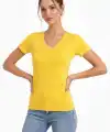 Kadın T-Shirt V Yaka Slim Fit Likralı Tişört Yazlık Basic Body - Sarı