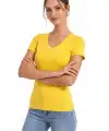 Kadın T-Shirt V Yaka Slim Fit Likralı Tişört Yazlık Basic Body - Sarı