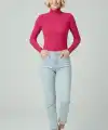 Kadın Tam Boğazlı Fitilli Likralı Kaşkorse Badi İnce Uzun Kollu -  Pembe
