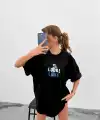 Kadın Tişort Bisiklet Yaka Baskılı Kısa kol Oversize T-Shirt - Siyah