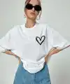 Kadın Tişört Bisiklet Yaka Baskılı Oversize T-Shirt - Beyaz