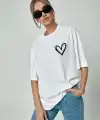 Kadın Tişört Bisiklet Yaka Baskılı Oversize T-Shirt - Beyaz