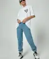 Kadın Tişört Bisiklet Yaka Baskılı Oversize T-Shirt - Beyaz