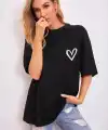 Kadın Tişört Bisiklet Yaka Baskılı Oversize T-Shirt - Siyah