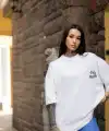 kadın Tişort Bisiklet Yaka Baskılı yazlık Kısa kol Oversize T-Shirt - Beyaz