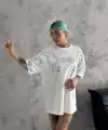 Kadın Tişort Bisiklet Yaka Yıldırım Şimşek Baskılı Kısa kol T-Shirt - Beyaz