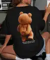 Kadın Tişört Büyük Boy Ayıcık Baskılı Bisiklet Kısa kol t-shirt - Siyah