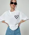 Kadın Tişort Kalp Baskılı Bisiklet yaka Kısa kol T-Shirt - Beyaz