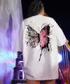 Kadın Tişört Kelebek Baskılı Oversize Kısa Kol T-Shirt - Beyaz