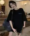 Kadın Tişört Newtro Baskılı Oversize Bisiklet Yaka T-shirt - Siyah