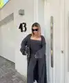 Kadın Triko 3 Parça Takım Straplez Üst Pantolon Uzun Hırka - Füme