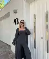 Kadın Triko 3 Parça Takım Straplez Üst Pantolon Uzun Hırka - Füme