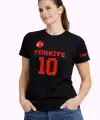 Kadın TÜRKİYE Ay Yıldız Baskılı 10 Numara Forma Tişört Taraftar T-Shirt - Siyah