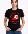 Kadın Türkiye World Cup 2026 Baskılı Tişört Futbol Temalı Forma T-Shirt - Siyah