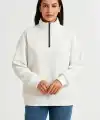 Kadın Üç İplik Dık Yaka Yarım Fermuarlı SweatShirt - Beyaz
