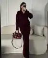 Kadın V Yaka 3 Düğmeli Hırka Triko İkili Alt-Üst Etekli Takım - Bordo