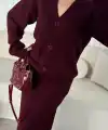 Kadın V Yaka 3 Düğmeli Hırka Triko İkili Alt-Üst Etekli Takım - Bordo