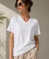Kadın V Yaka Basic Tişört Kısa Kol Yazlık Regular Fit T-Shirt - Beyaz